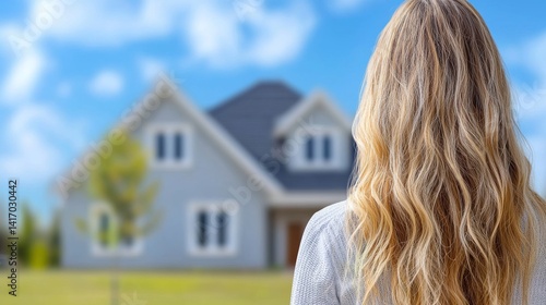 Real Estate Agent Observing Gray House Under Bright Blue Sky in Sunlit Environment