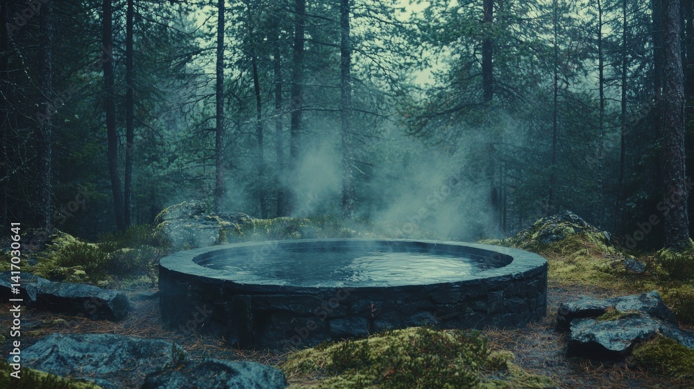 Forest spring Steaming water within stone well surrounded by moss and trees Forest spring Steaming water within stone well surrounded by moss and trees