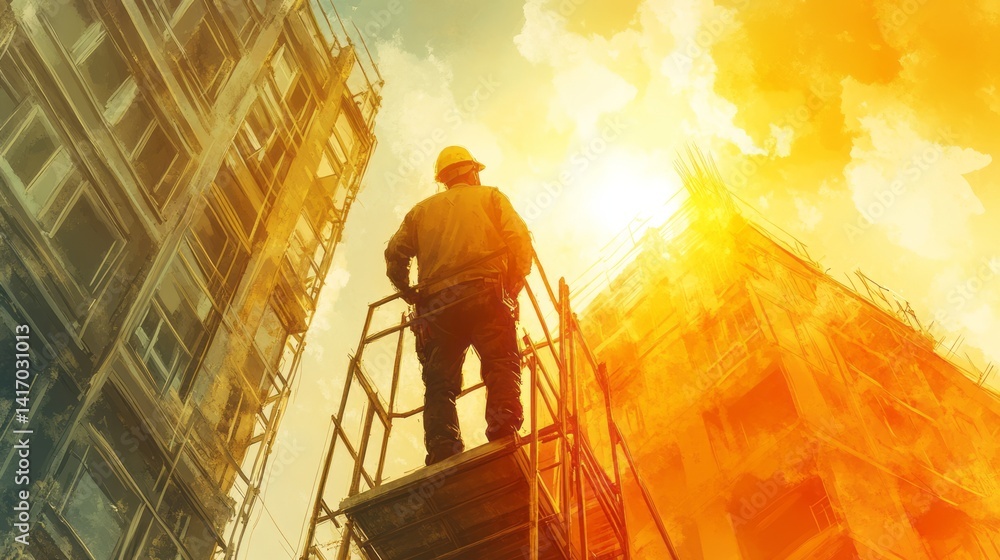 Fototapeta premium Construction worker stands on scaffolding overlooking buildings in sunshine