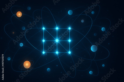 Wallpaper Mural An abstract representation of an atom, featuring glowing particles and orbits on a dark background, illustrating concepts of modern physics, energy, and molecular structures. Torontodigital.ca