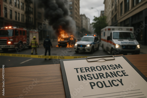 A scene depicting emergency responders at the site of an urban disaster, emphasizing the importance of terrorism insurance policies in modern society.