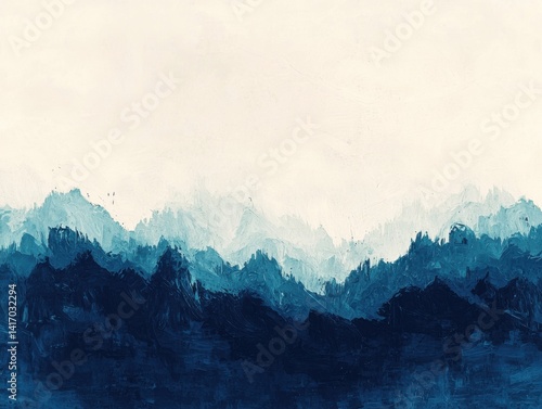 Mountain landscape with blue peaks. Textured painting with light sky and dark foreground