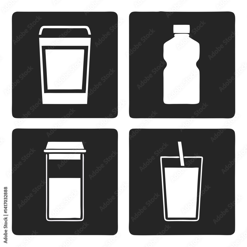 Coffee cup icon set with various drink symbols including coffee, tea, wine, beer, and cocktails in a vector design Coffee cup icon set with various drink symbols including coffee, tea, wine, beer, and cocktails in a vector design
