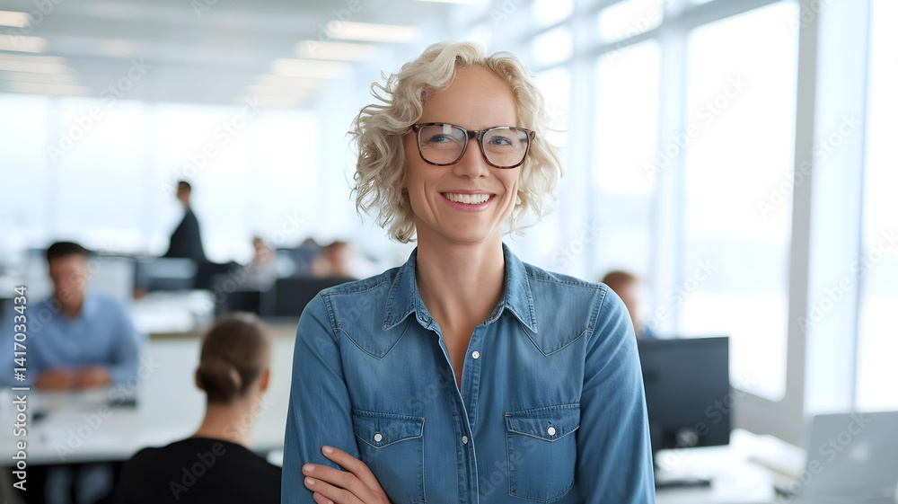 confident businesswoman smiling in modern open office environment
confident businesswoman smiling in modern open office environment