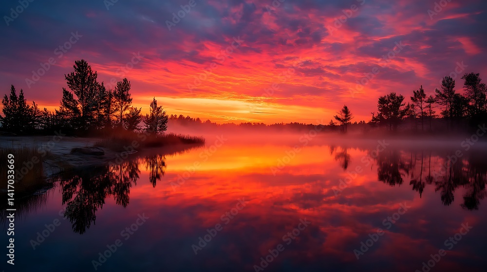 Fototapeta premium Vivid sunrise over a calm lake