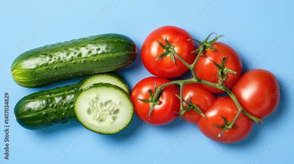 Above view of natural veggies with cucumber and tomato on blue background for plant-based meals