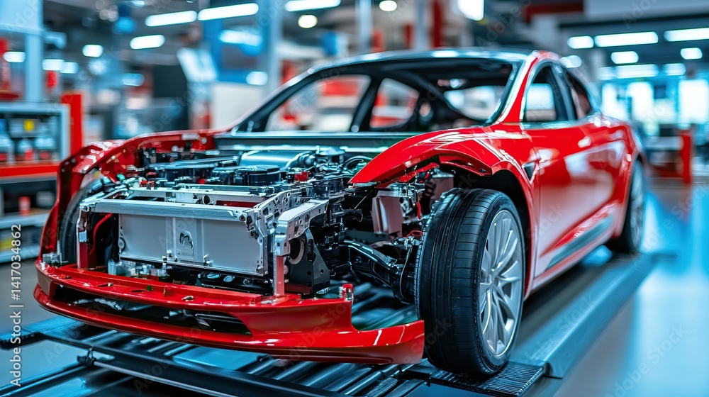 Modern electric car chassis with exposed components in a high-tech garage Modern electric car chassis with exposed components in a high-tech garage