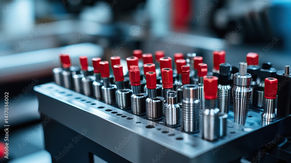 Rack of automotive diagnostic tools neatly arranged in a modern repair shop Rack of automotive diagnostic tools neatly arranged in a modern repair shop