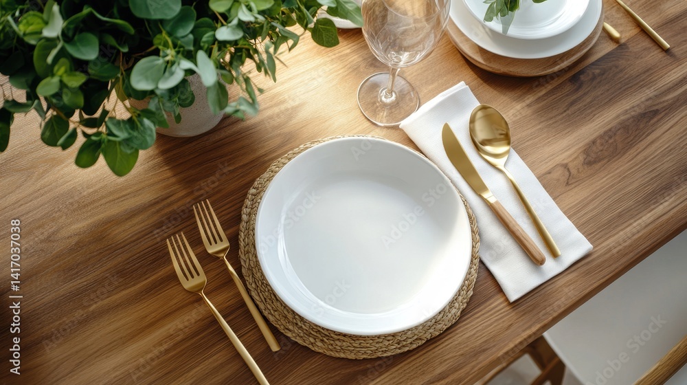 Artistic top view of modern dining table with gold utensils and soft neutral linens Artistic top view of modern dining table with gold utensils and soft neutral linens