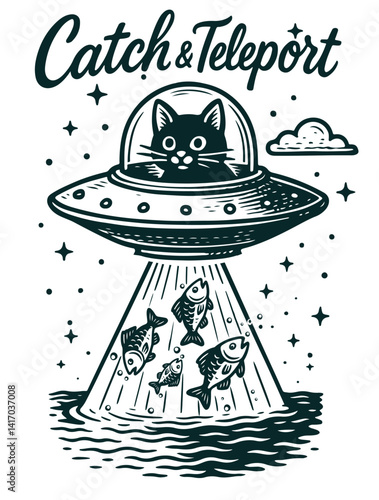 funny cat in ufo fishes kidnaps fish lettering catch and teleport vector