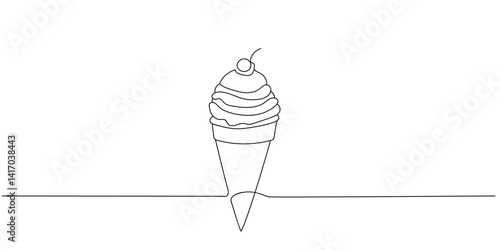 continuous one line drawing of an ice cream cone with a cherry on top representing summertime treats and joy