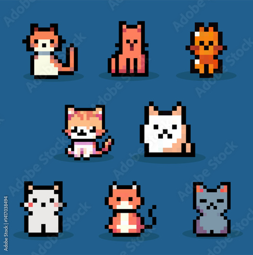 Set of cats pixel art vector.