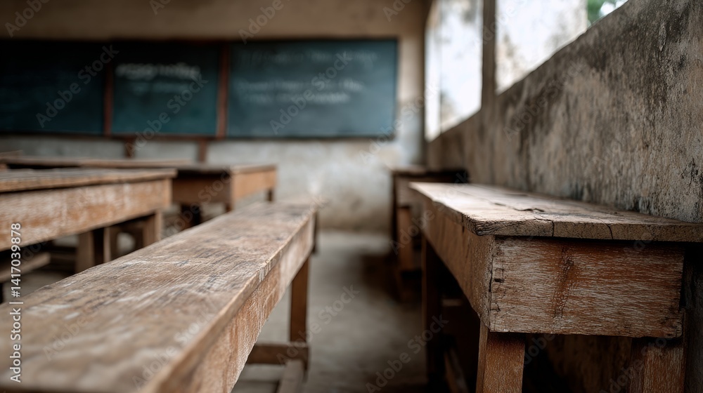 An abandoned classroom with wooden desks presents a nostalgic reminder of past learning days. An abandoned classroom with wooden desks presents a nostalgic reminder of past learning days.