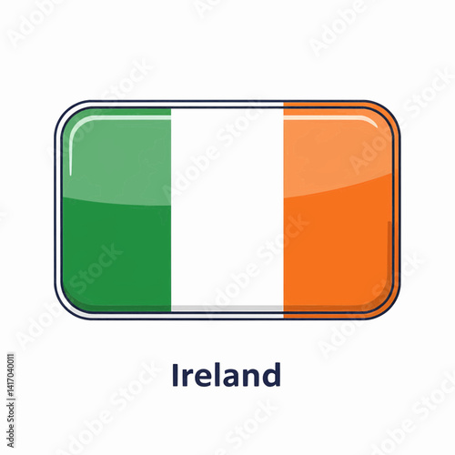 A clear digital illustration of the rectangular flag of ireland. Below the flag, the word "ireland" is written on a white background. Vector illustration.