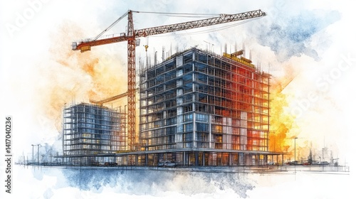 Buildings under construction with crane rendered in watercolor style