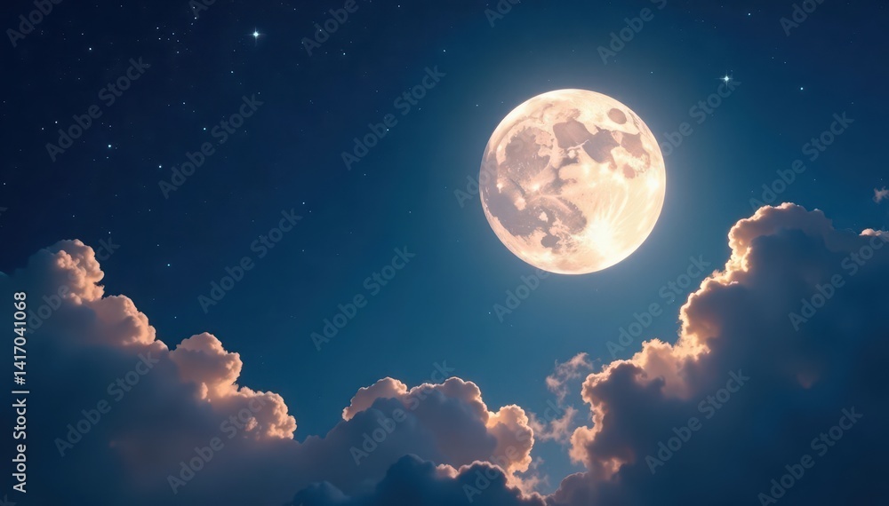 Obraz premium Full moon haloed by soft clouds, countless stars twinkle , astrophotography, full moon