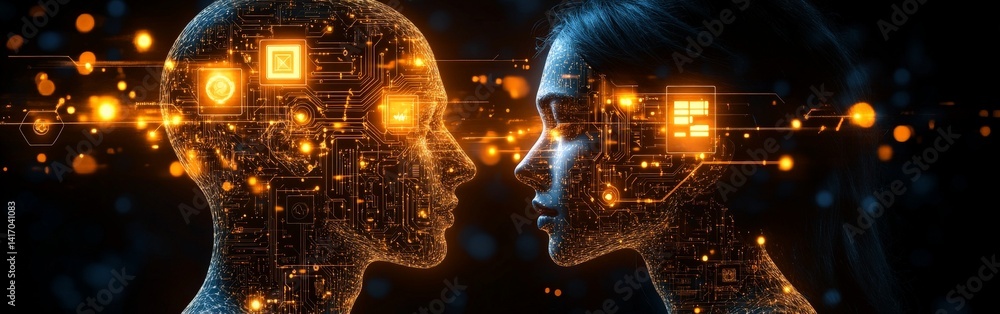 Obraz premium Digital Brain Circuit with Artificial Intelligence and Human Profiles