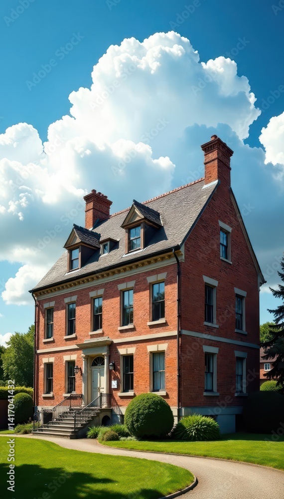 Classic brick edifice, fluffy white clouds overhead, sunny, summer Classic brick edifice, fluffy white clouds overhead, sunny, summer