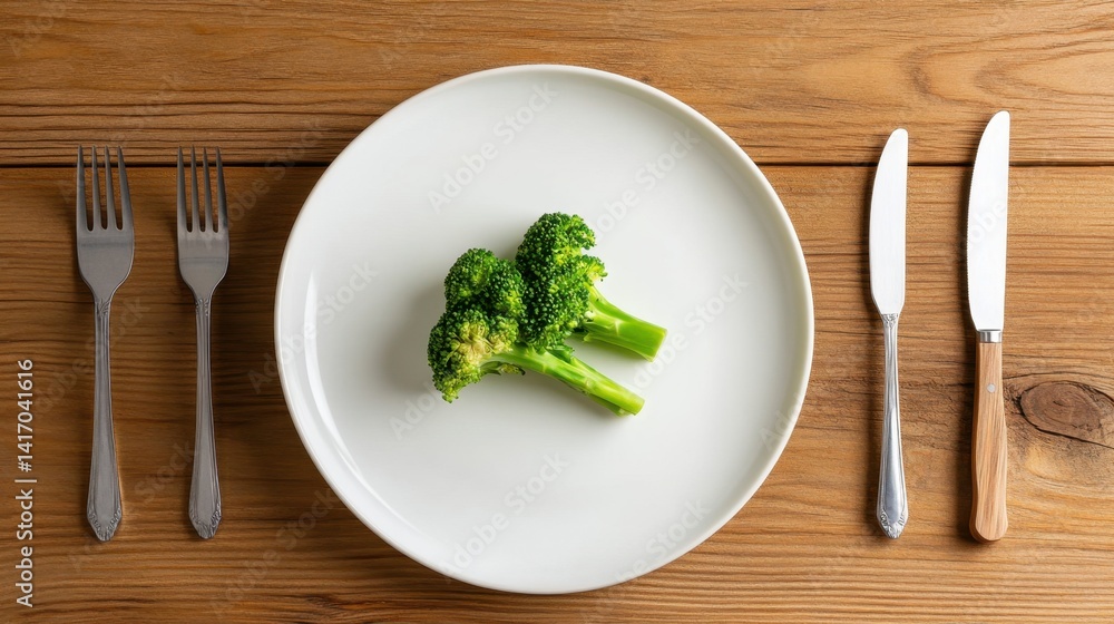 Broccoli served on white plate with utensils on each side, ideal for vegetarian menu shots Broccoli served on white plate with utensils on each side, ideal for vegetarian menu shots