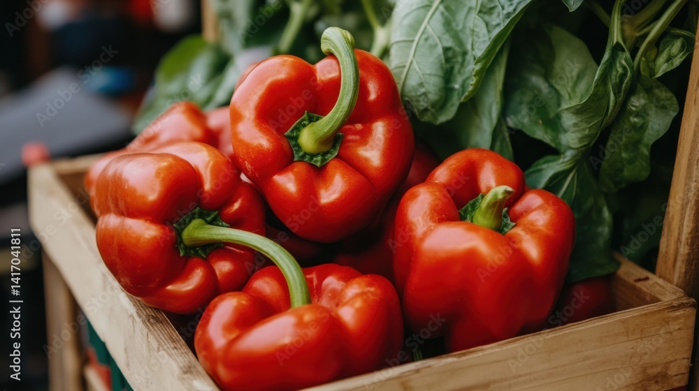 Bunch of ripe red bell peppers on plant stems, healthy organic farming in action Bunch of ripe red bell peppers on plant stems, healthy organic farming in action
