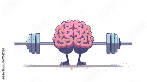 Professional Cartoon Illustration of Human Brain Lifting Weights for Cognitive Health and Mental Fitness