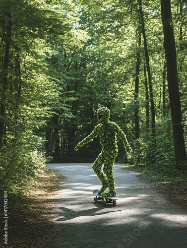 Skateboarding figure in lush forested pathway evoking action and adventure under natural canopy of greenery
