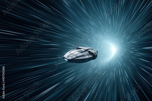 Sci-fi spacecraft entering a glowing wormhole at light speed in deep space.

