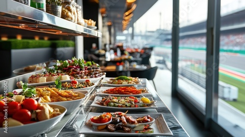 Modern buffet overlooking a racetrack