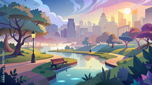 An early morning mist hovers above the river, softening the edges of the city park