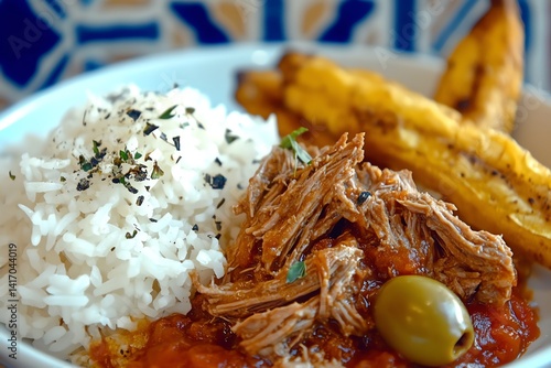 Authentic Cuban Ropa Vieja Plate with Rice and Plantains Ready to Eat