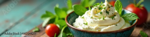 Creamy mascarpone in bowl, vibrant arugula beside , overhead shot, italian