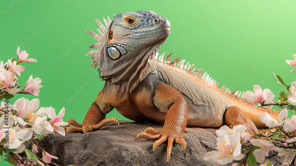 Fototapeta premium Vibrant iguana portrait amidst blossoming spring flowers.