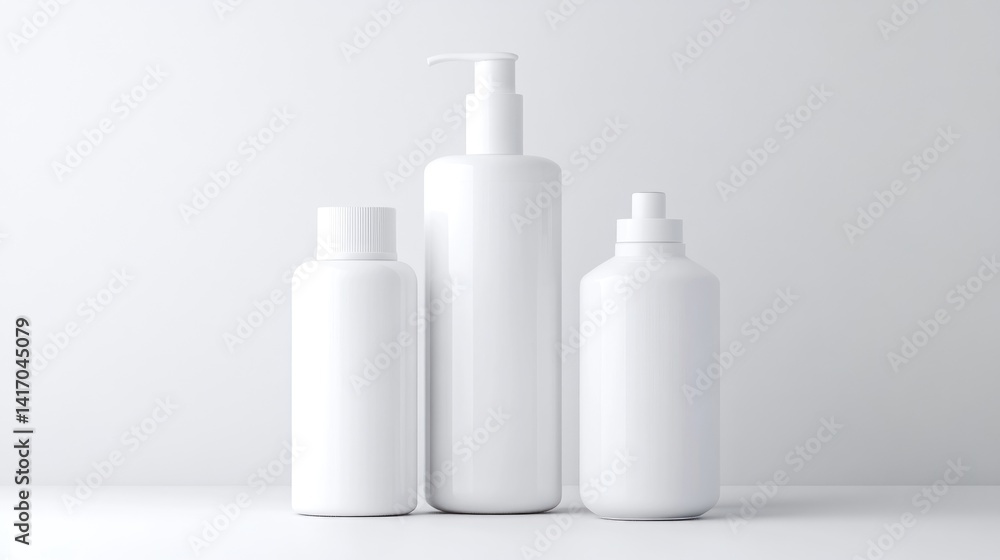 Three white plastic bottles, minimalist design Three white plastic bottles, minimalist design