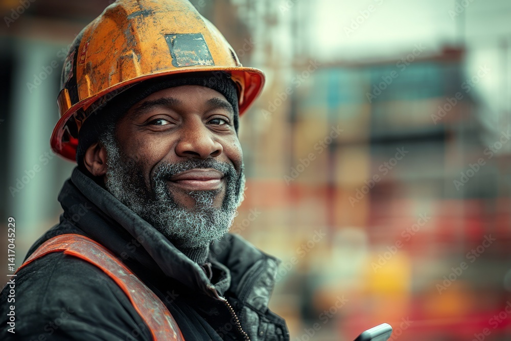 Fototapeta premium Construction worker smiles wearing a hard hat and safety vest