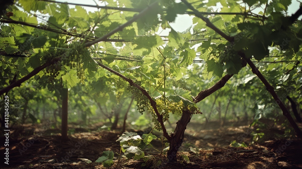Fototapeta premium Verdant grapevines stretch across a sunlit vineyard, with young green grapes hanging amid lush leaves, showcasing growth and abundance.