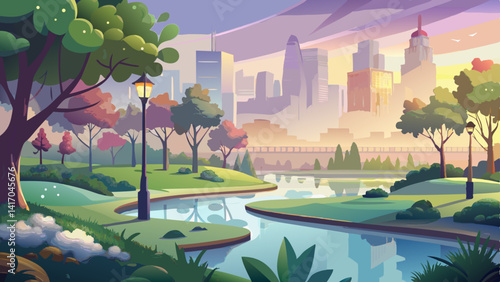 An early morning mist hovers above the river, softening the edges of the city park