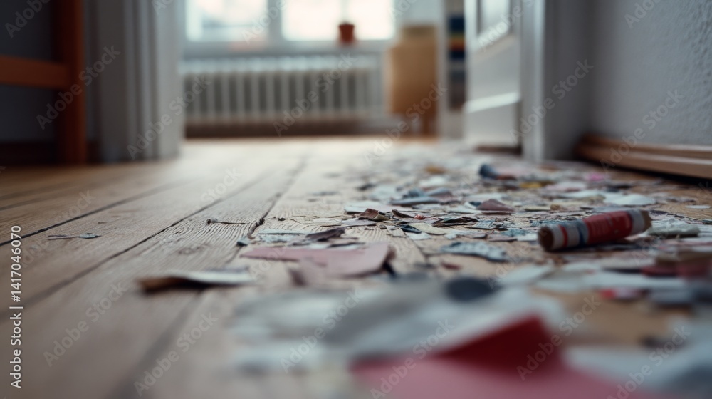 Fototapeta premium A wooden floor scattered with paper scraps leads the eye toward the distant open door, suggesting the aftermath of an artistic or playful endeavor.