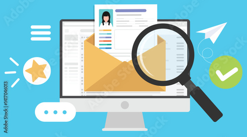 Envelope email of resume document searching by magnifying glass in front of computer screen.