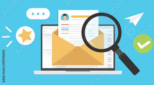 Magnifying glass searching on envelope of resume cv document with laptop screen email opening concept.
