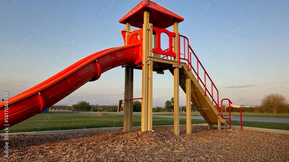 Red and beige playground slide with tower under a clear blue sky sits on wood chips in a park setting, outdoor recreation space. Red and beige playground slide with tower under a clear blue sky sits on wood chips in a park setting, outdoor recreation space.