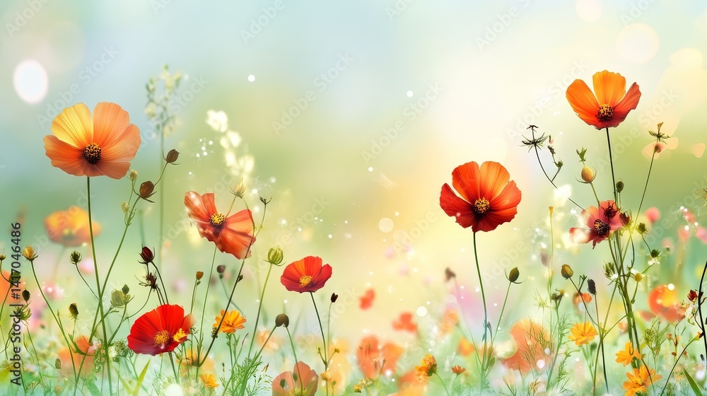 Fototapeta premium Vibrant wildflower meadow under a breathtaking blue sky panorama scenic