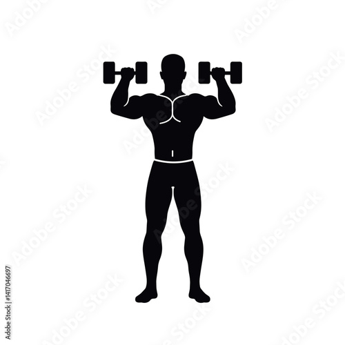 Muscular man lifting dumbbells in fitness workout, strength training
