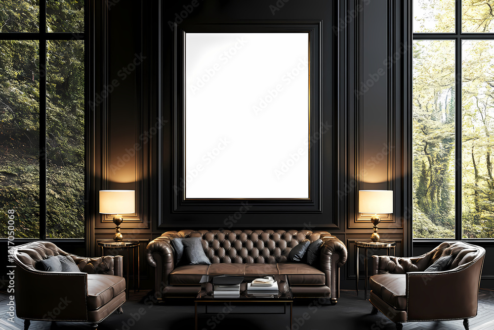 Fototapeta premium Elegant Lounge: A luxuriously appointed lounge featuring a Chesterfield sofa, ornate details, natural light, and a blank canvas ready for personalization.