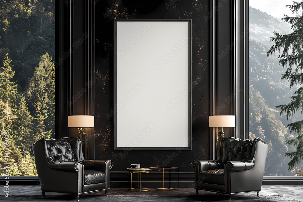 Fototapeta premium Luxury Interior with Mountain View: An elegantly designed room with luxurious furnishings, a framed picture, and a breathtaking mountain view.