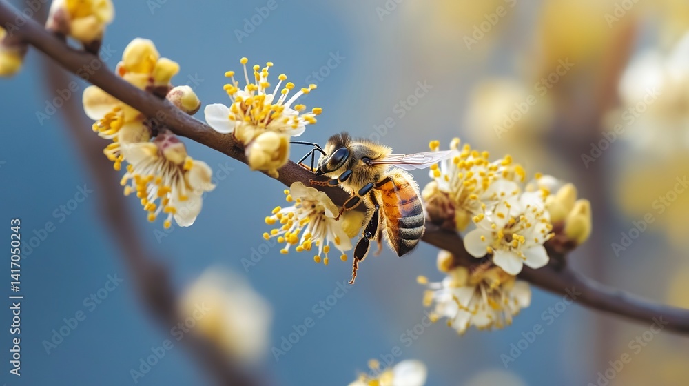 Bee swarm clustering on a tree branch during early spring, surrounded by blooming flowers Bee swarm clustering on a tree branch during early spring, surrounded by blooming flowers
