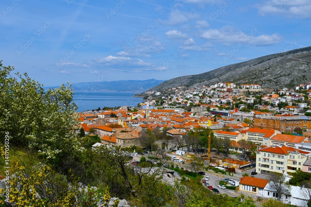 View of Senj town at the coast of the Adriatic sea and bellow Velebit in Croatia