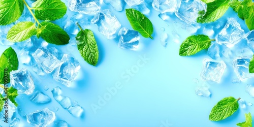 A blue background with a green leaf and ice cubes