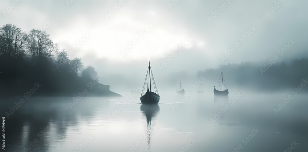 Fototapeta premium Misty Waters: A serene expanse of water shrouded in a delicate mist, with silhouetted boats gently resting, reflecting in the tranquil surface, evoking a sense of calm and introspection.