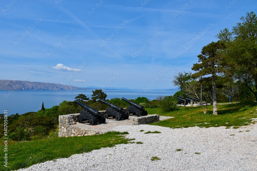 Cannos at Nehaj fort with Velebit channel and Krk island behind inear Senj, Croatia