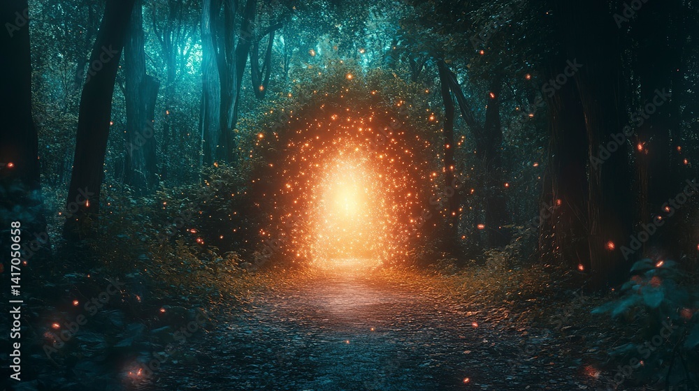 Glowing portal opens in forest, revealing a vibrant magical world filled with light and wonder Glowing portal opens in forest, revealing a vibrant magical world filled with light and wonder